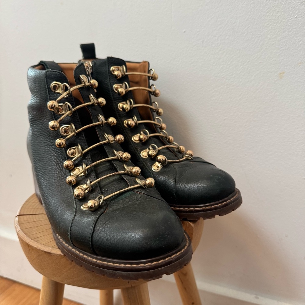 MI/MAI Paris dark forest green leather boots with gold toggled size 39 - Picture 2 of 10